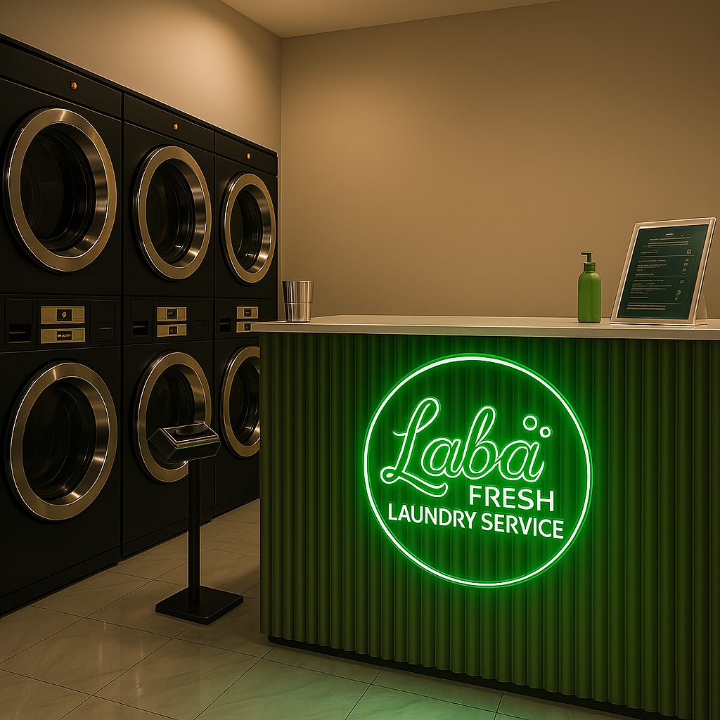 The Laba Fresh counter and washer bank, lit by the neon shop sign