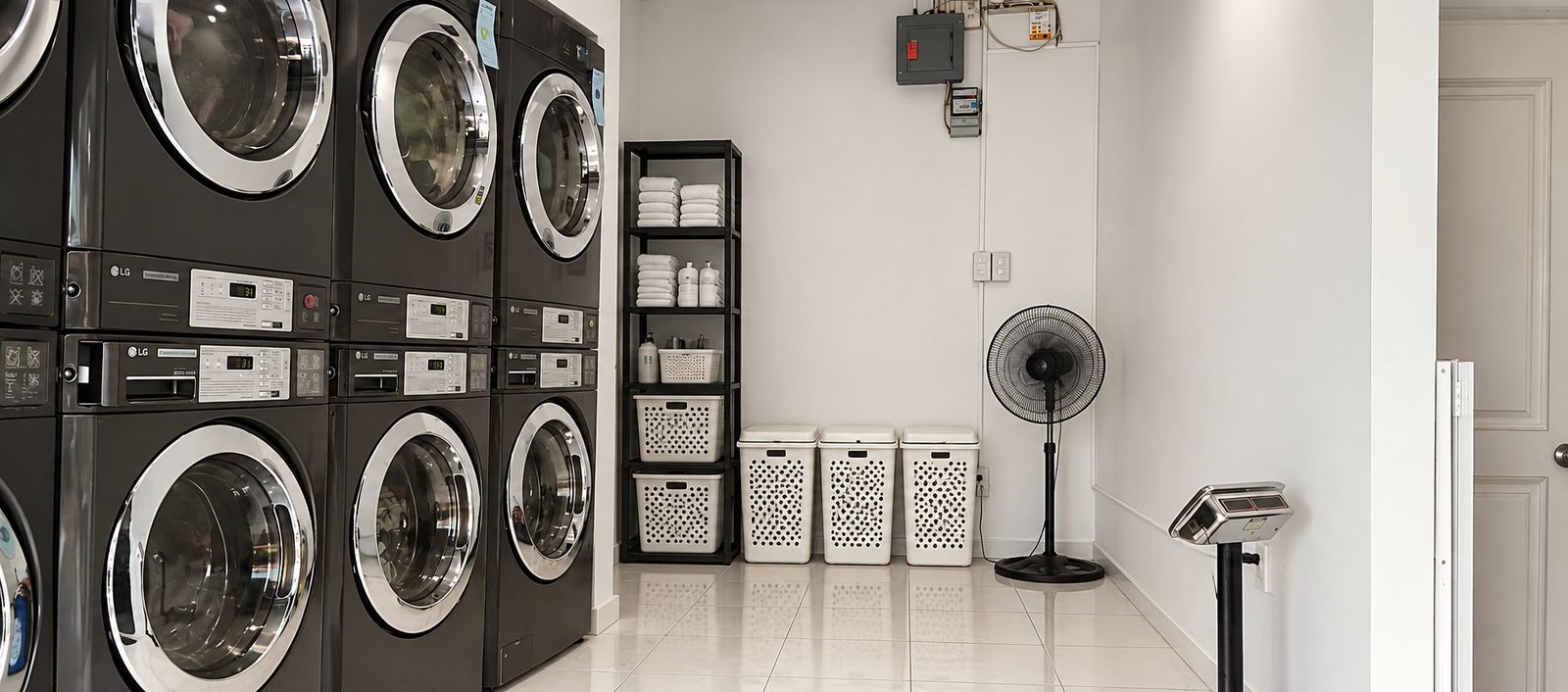 Stacked LG commercial washers and dryers beside shelves of folded towels and laundry baskets